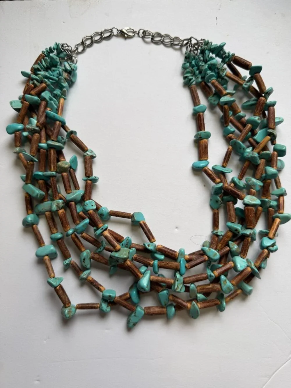 Genuine Turquoise Nuggets Wood Beads 7-Strand Necklace Southwestern Style 22" L - Picture 1 of 5